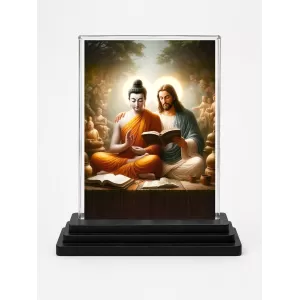 Gautama Buddha And Jesus Acrylic Car Dashboard Showpiece | Double-Sided Gautama Buddha And Jesus Photo Stand | 3 X 4 Inch Photo | Transparent Acrylic Frame With Black Base | Car Dashboard, Office & Table Decor (F71438)