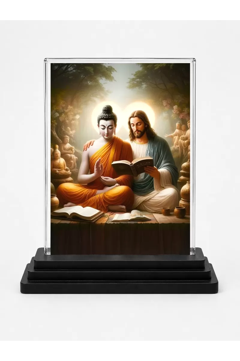 Gautama Buddha And Jesus Acrylic Car Dashboard Showpiece | Double-Sided Gautama Buddha And Jesus Photo Stand | 3 X 4 Inch Photo | Transparent Acrylic Frame With Black Base | Car Dashboard, Office & Table Decor (F71438)