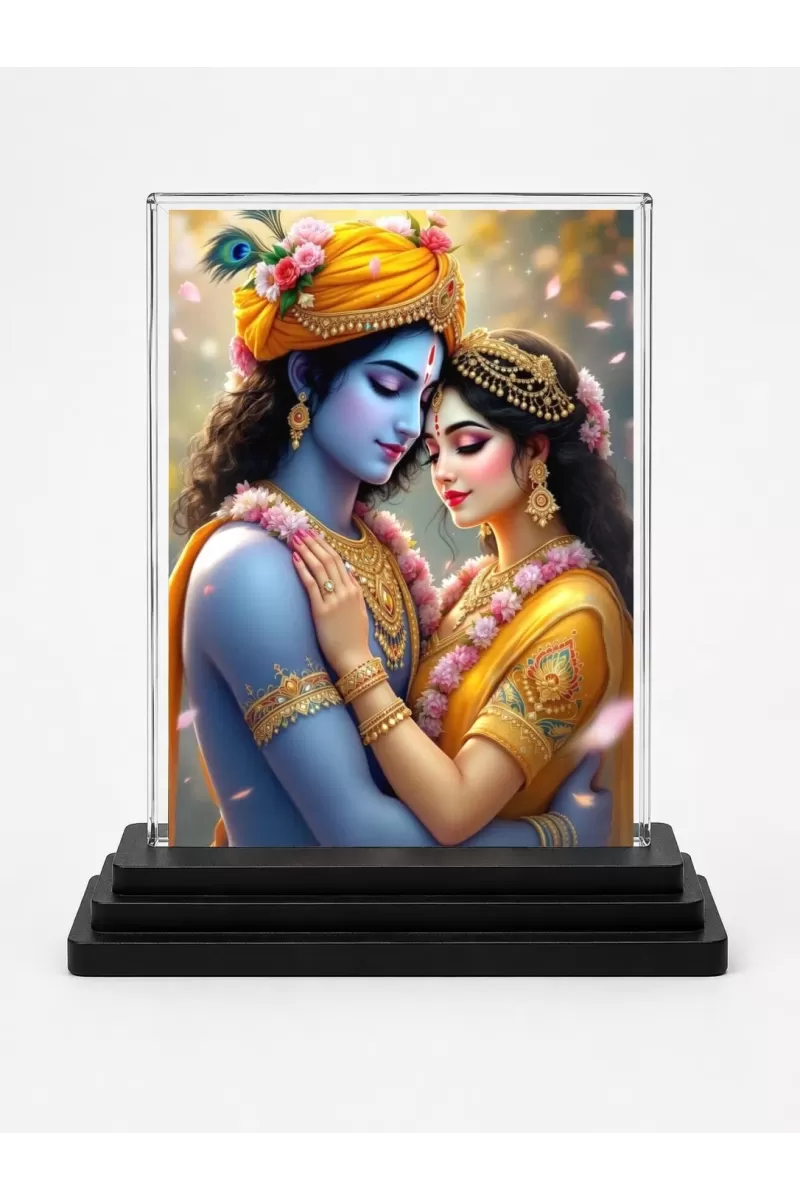 Krishna And Radha Acrylic Car Dashboard Showpiece | Double-Sided Krishna And Radha Photo Stand | 3 X 4 Inch Photo | Transparent Acrylic Frame With Black Base | Car Dashboard, Office & Table Decor (F71440)