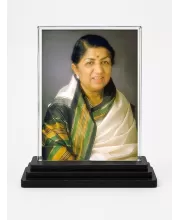 Lata Mangeshkar Acrylic Car Dashboard Showpiece | Double-Sided Lata Mangeshkar Photo Stand | 3 X 4 Inch Photo | Transparent Acrylic Frame With Black Base | Car Dashboard, Office & Table Decor (F71443)