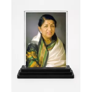 Lata Mangeshkar Acrylic Car Dashboard Showpiece | Double-Sided Lata Mangeshkar Photo Stand | 3 X 4 Inch Photo | Transparent Acrylic Frame With Black Base | Car Dashboard, Office & Table Decor (F71443)