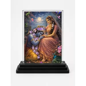 Shree Krishna And Shree Radha Acrylic Car Dashboard Showpiece | Double-Sided Shree Krishna And Shree Radha Photo Stand | 3 X 4 Inch Photo | Transparent Acrylic Frame With Black Base | Car Dashboard, Office & Table Decor (F71445)