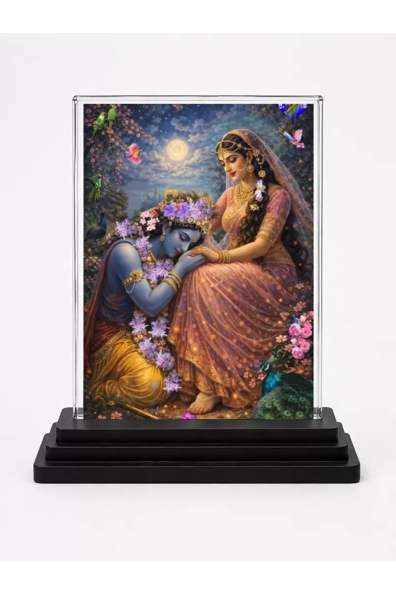 Shree Krishna And Shree Radha Acrylic Car Dashboard Showpiece | Double-Sided Shree Krishna And Shree Radha Photo Stand | 3 X 4 Inch Photo | Transparent Acrylic Frame With Black Base | Car Dashboard, Office & Table Decor (F71445)