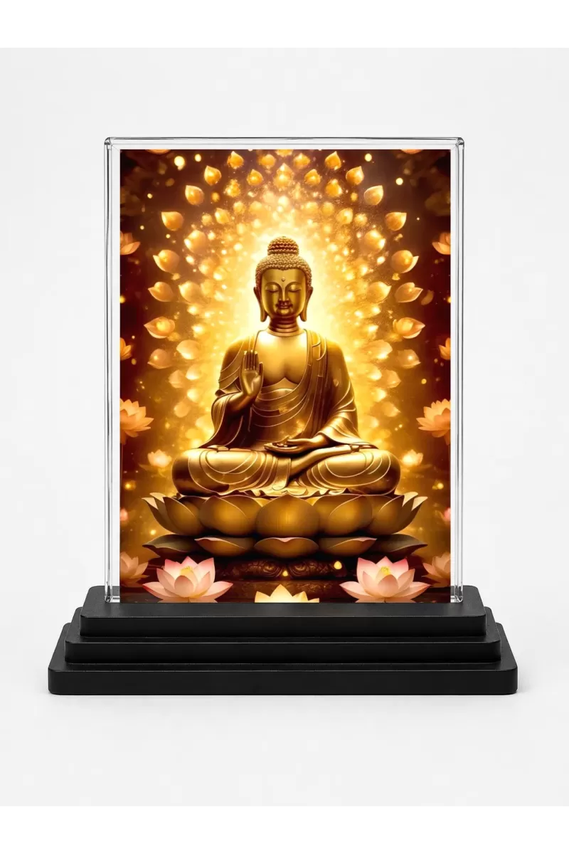 Gautama Buddha Acrylic Car Dashboard Showpiece | Double-Sided Gautama Buddha Photo Stand | 3 X 4 Inch Photo | Transparent Acrylic Frame With Black Base | Car Dashboard, Office & Table Decor (F71446)