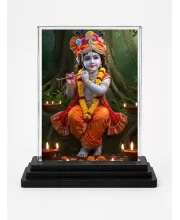 Krishna Acrylic Car Dashboard Showpiece | Double-Sided Krishna Photo Stand | 3 X 4 Inch Photo | Transparent Acrylic Frame With Black Base | Car Dashboard, Office & Table Decor (F71447)