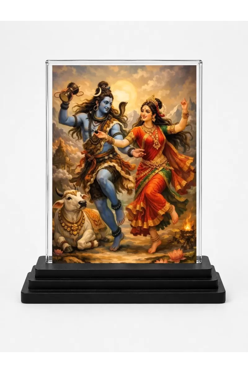 Lord Shiva And Parvati Acrylic Car Dashboard Showpiece | Double-Sided Lord Shiva And Parvati Photo Stand | 3 X 4 Inch Photo | Transparent Acrylic Frame With Black Base | Car Dashboard, Office & Table Decor (F71450)