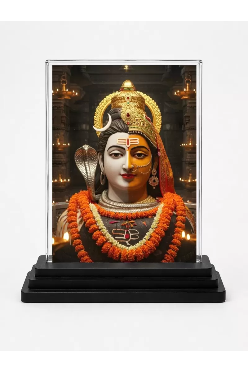Lord Shiva Acrylic Car Dashboard Showpiece | Double-Sided Lord Shiva Photo Stand | 3 X 4 Inch Photo | Transparent Acrylic Frame With Black Base | Car Dashboard, Office & Table Decor (F71451)