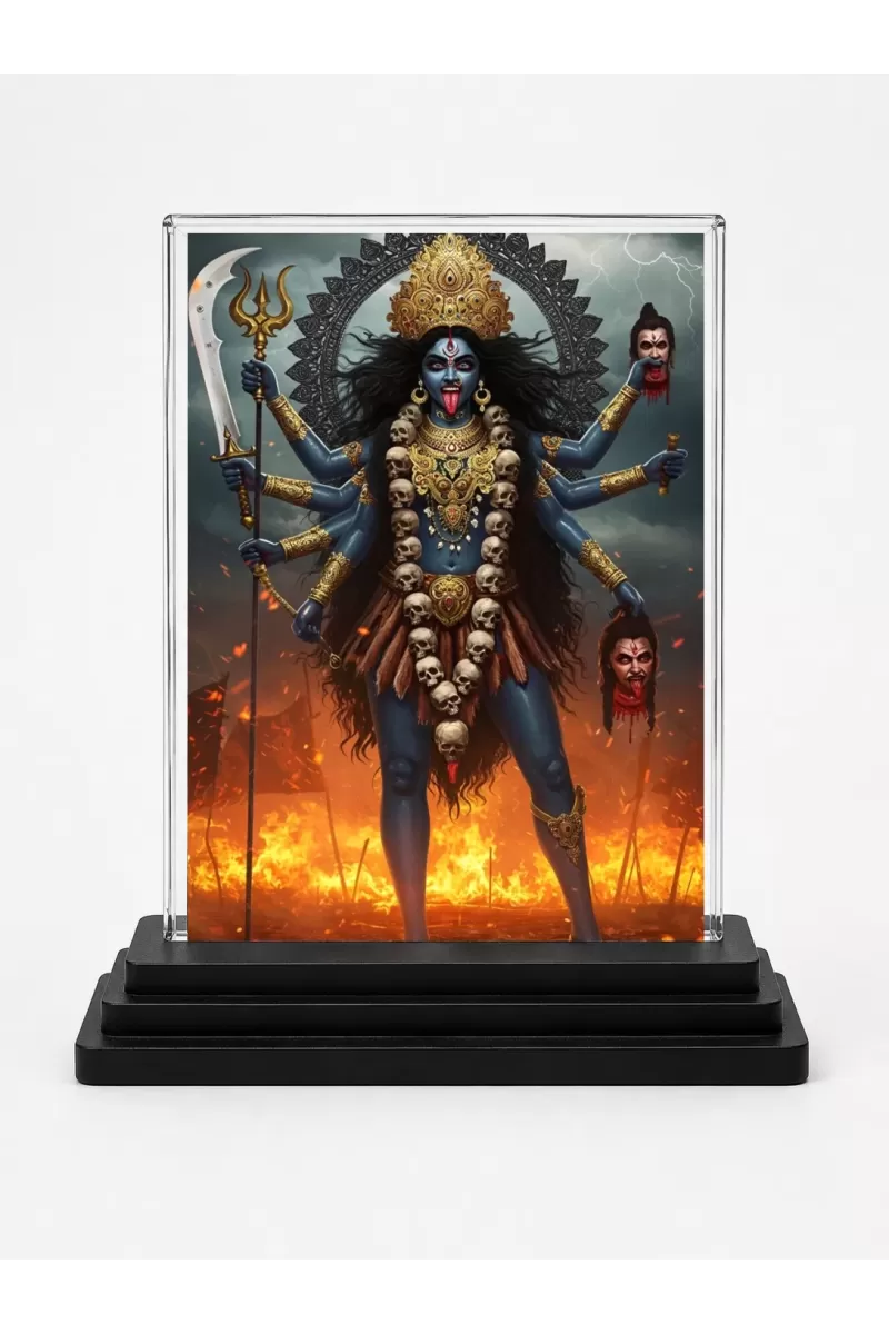 Goddess Kali Acrylic Car Dashboard Showpiece | Double-Sided Goddess Kali Photo Stand | 3 X 4 Inch Photo | Transparent Acrylic Frame With Black Base | Car Dashboard, Office & Table Decor (F71455)
