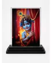 Lord Shree Krishna Acrylic Car Dashboard Showpiece | Double-Sided Lord Shree Krishna Photo Stand | 3 X 4 Inch Photo | Transparent Acrylic Frame With Black Base | Car Dashboard, Office & Table Decor (F71456)