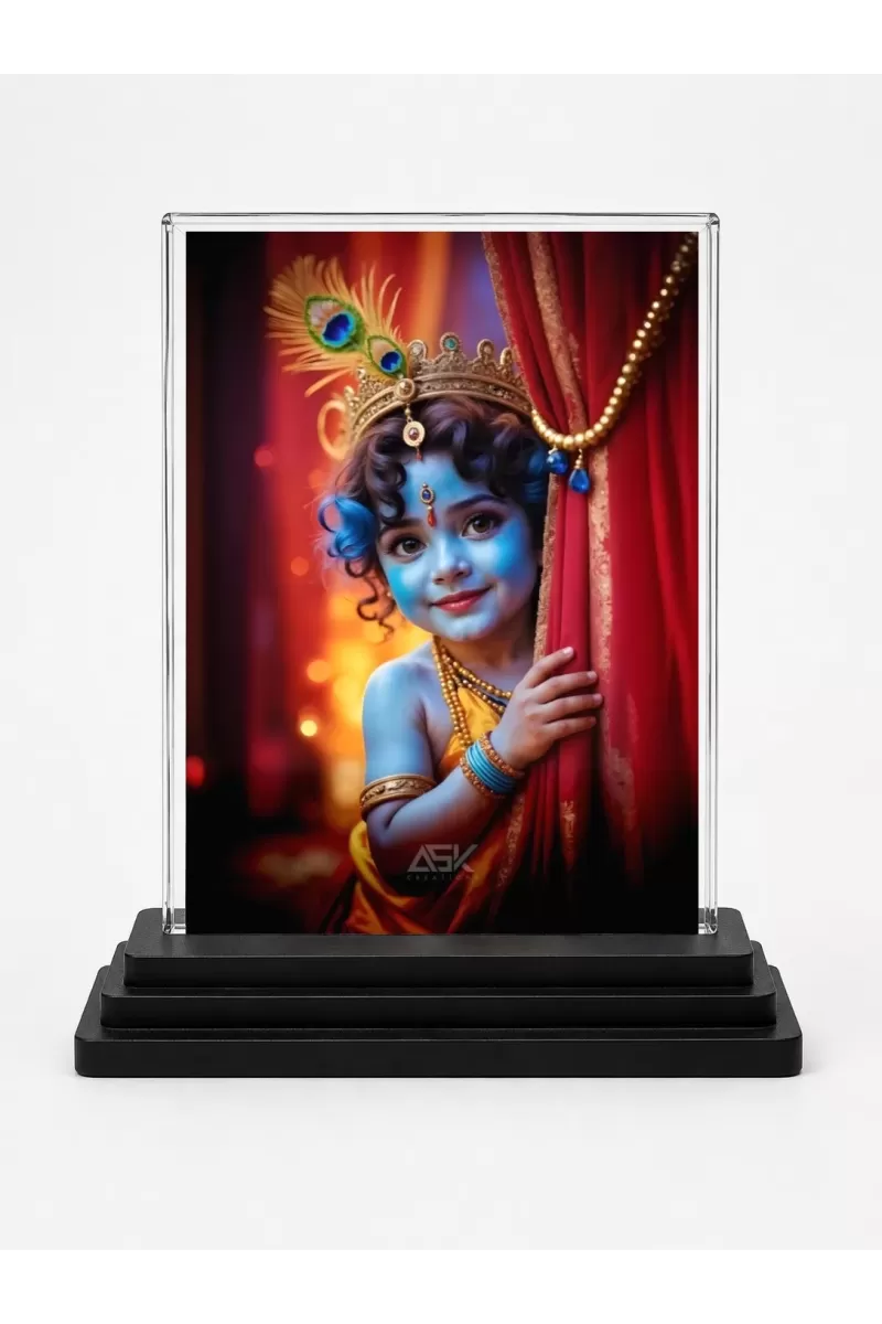 Lord Shree Krishna Acrylic Car Dashboard Showpiece | Double-Sided Lord Shree Krishna Photo Stand | 3 X 4 Inch Photo | Transparent Acrylic Frame With Black Base | Car Dashboard, Office & Table Decor (F71456)