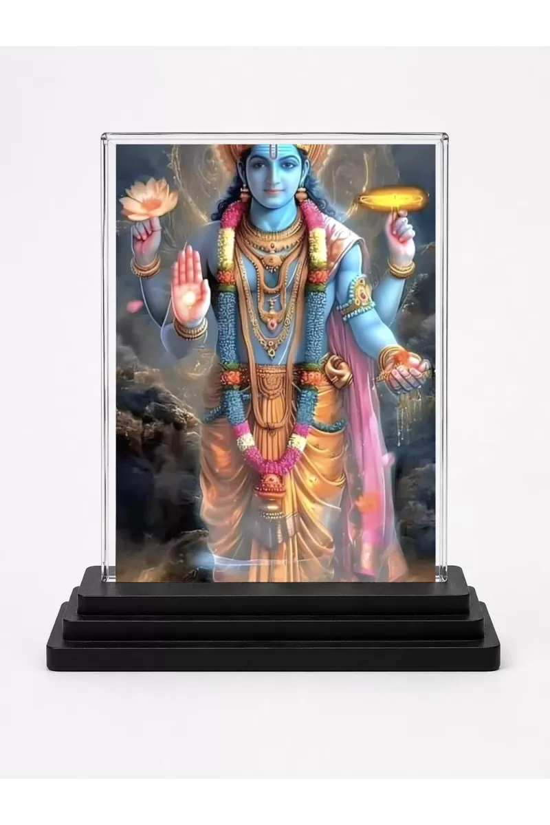Vishnu Acrylic Car Dashboard Showpiece | Double-Sided Vishnu Photo Stand | 3 X 4 Inch Photo | Transparent Acrylic Frame With Black Base | Car Dashboard, Office & Table Decor (F71458)