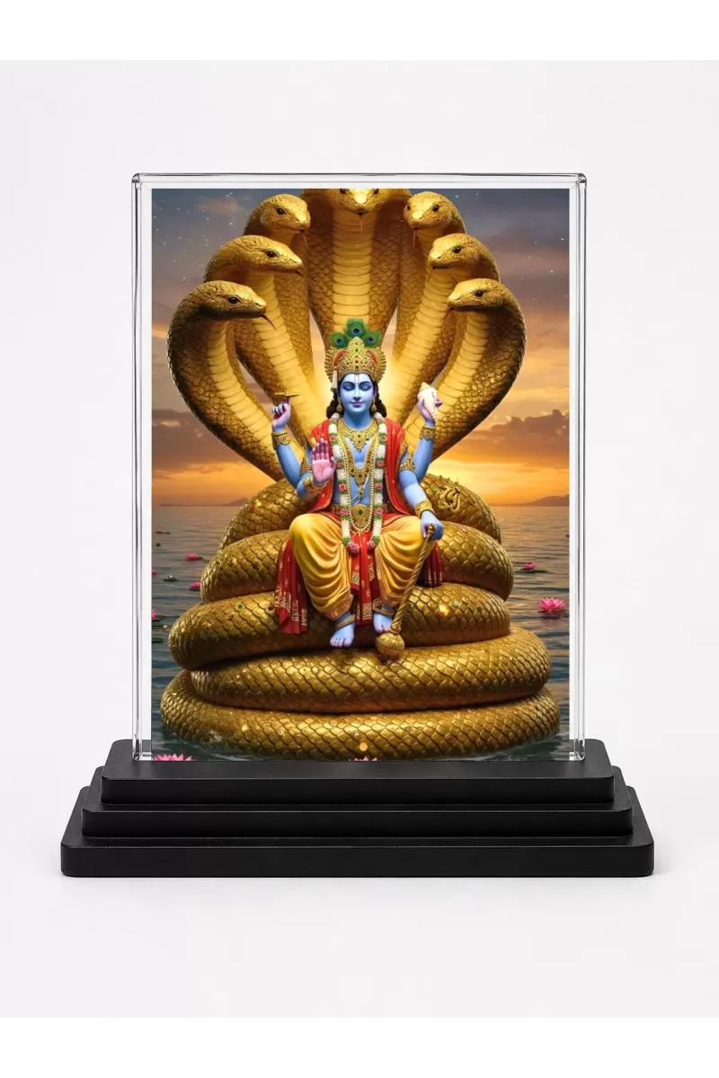 Lord Lord Vishnu Acrylic Car Dashboard Showpiece | Double-Sided Lord Lord Vishnu Photo Stand | 3 X 4 Inch Photo | Transparent Acrylic Frame With Black Base | Car Dashboard, Office & Table Decor (F71459)