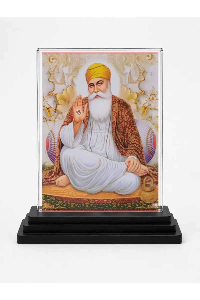 Guru Nanak Acrylic Car Dashboard Showpiece | Double-Sided Guru Nanak Photo Stand | 3 X 4 Inch Photo | Transparent Acrylic Frame With Black Base | Car Dashboard, Office & Table Decor (F71460)
