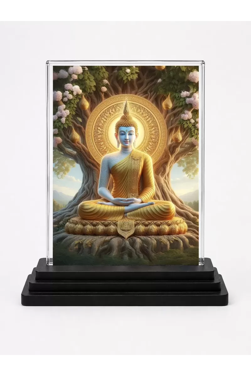 Gautama Buddha Acrylic Car Dashboard Showpiece | Double-Sided Gautama Buddha Photo Stand | 3 X 4 Inch Photo | Transparent Acrylic Frame With Black Base | Car Dashboard, Office & Table Decor (F71463)