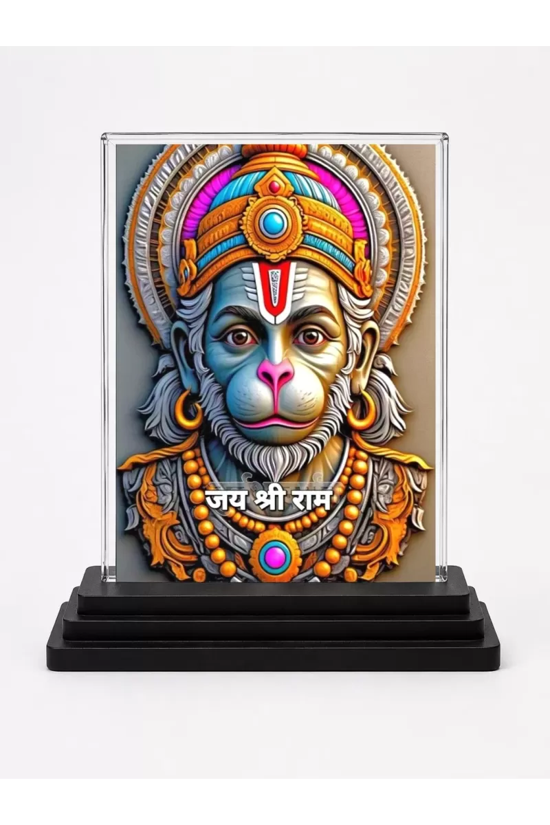 Hanuman Acrylic Car Dashboard Showpiece | Double-Sided Hanuman Photo Stand | 3 X 4 Inch Photo | Transparent Acrylic Frame With Black Base | Car Dashboard, Office & Table Decor (F71464)
