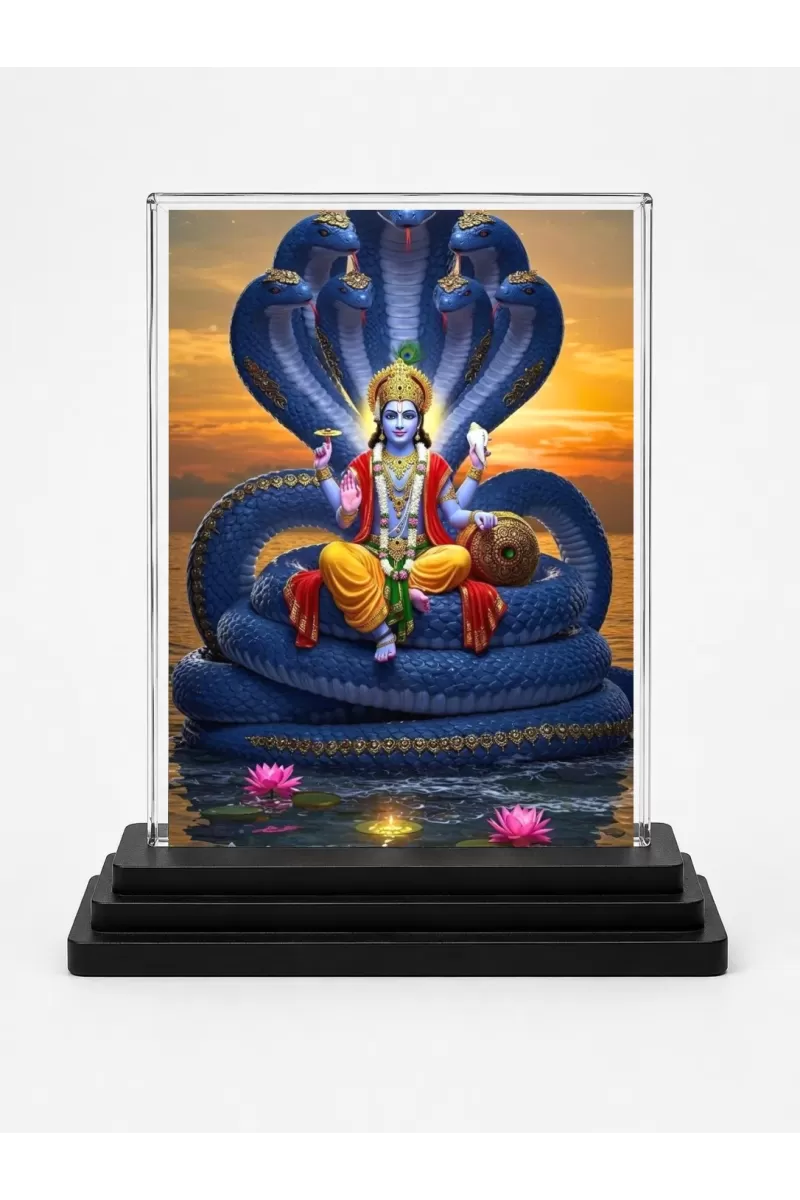 Vishnu Acrylic Car Dashboard Showpiece | Double-Sided Vishnu Photo Stand | 3 X 4 Inch Photo | Transparent Acrylic Frame With Black Base | Car Dashboard, Office & Table Decor (F71466)