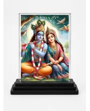 Shree Krishna And Shree Radha Acrylic Car Dashboard Showpiece | Double-Sided Shree Krishna And Shree Radha Photo Stand | 3 X 4 Inch Photo | Transparent Acrylic Frame With Black Base | Car Dashboard, Office & Table Decor (F71467)