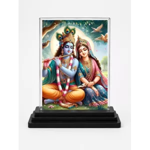 Shree Krishna And Shree Radha Acrylic Car Dashboard Showpiece | Double-Sided Shree Krishna And Shree Radha Photo Stand | 3 X 4 Inch Photo | Transparent Acrylic Frame With Black Base | Car Dashboard, Office & Table Decor (F71467)