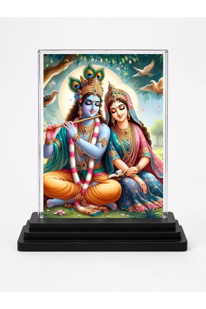 Shree Krishna And Shree Radha Acrylic Car Dashboard Showpiece | Double-Sided Shree Krishna And Shree Radha Photo Stand | 3 X 4 Inch Photo | Transparent Acrylic Frame With Black Base | Car Dashboard, Office & Table Decor (F71467)