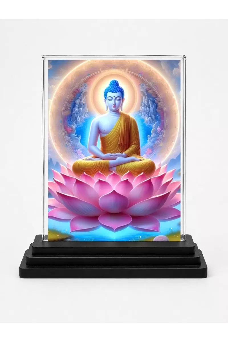 Buddha Acrylic Car Dashboard Showpiece | Double-Sided Buddha Photo Stand | 3 X 4 Inch Photo | Transparent Acrylic Frame With Black Base | Car Dashboard, Office & Table Decor (F71470)