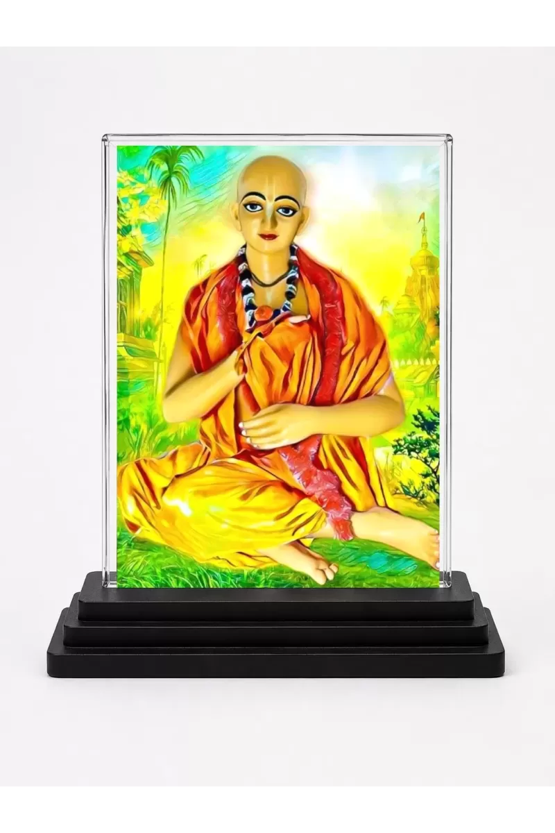 Shree Gouranga Acrylic Car Dashboard Showpiece | Double-Sided Shree Gouranga Photo Stand | 3 X 4 Inch Photo | Transparent Acrylic Frame With Black Base | Car Dashboard, Office & Table Decor (F71471)