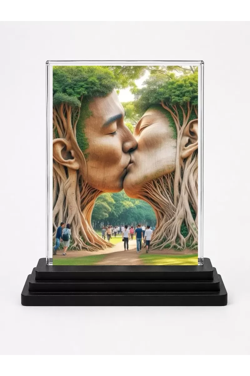 Man And Momen Tree Art Acrylic Car Dashboard Showpiece | Double-Sided Man And Momen Tree Art Photo Stand | 3 X 4 Inch Photo | Transparent Acrylic Frame With Black Base | Car Dashboard, Office & Table Decor (F71472)