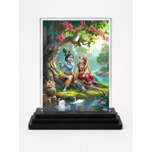 Shree Krishna And Shree Radha Acrylic Car Dashboard Showpiece | Double-Sided Shree Krishna And Shree Radha Photo Stand | 3 X 4 Inch Photo | Transparent Acrylic Frame With Black Base | Car Dashboard, Office & Table Decor (F71473)