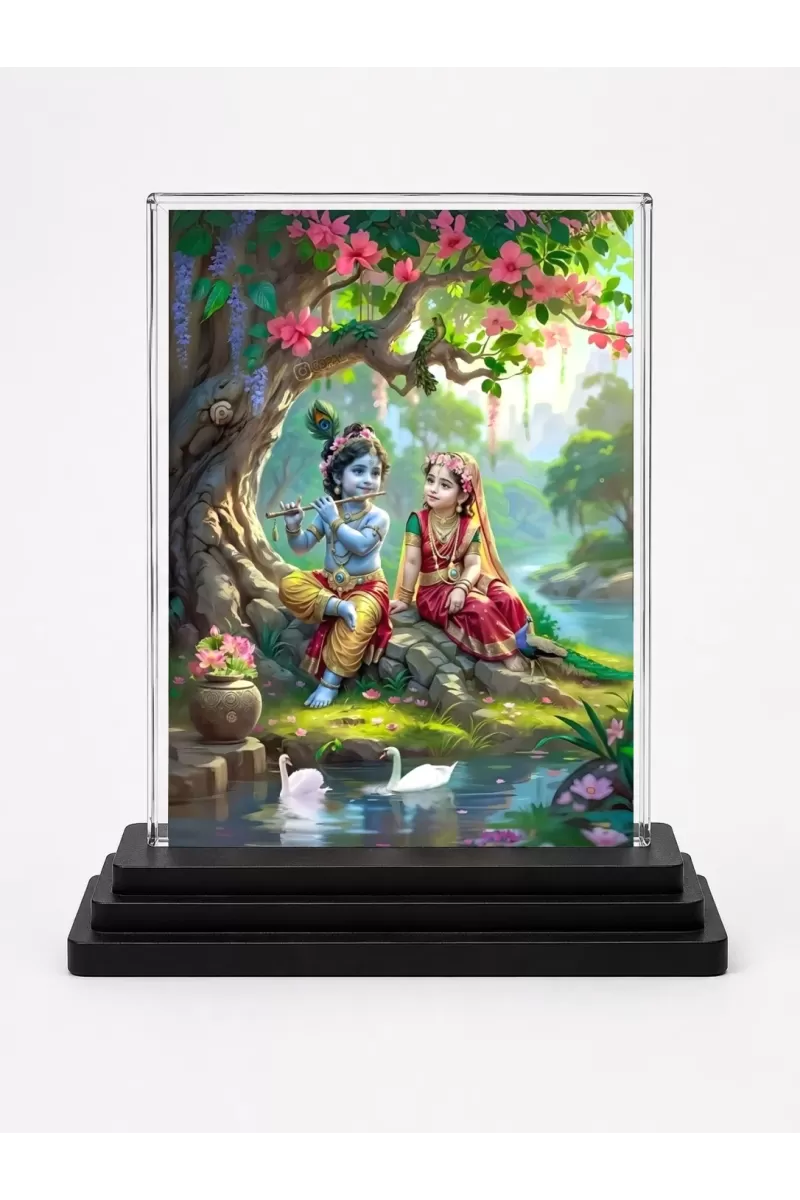 Shree Krishna And Shree Radha Acrylic Car Dashboard Showpiece | Double-Sided Shree Krishna And Shree Radha Photo Stand | 3 X 4 Inch Photo | Transparent Acrylic Frame With Black Base | Car Dashboard, Office & Table Decor (F71473)