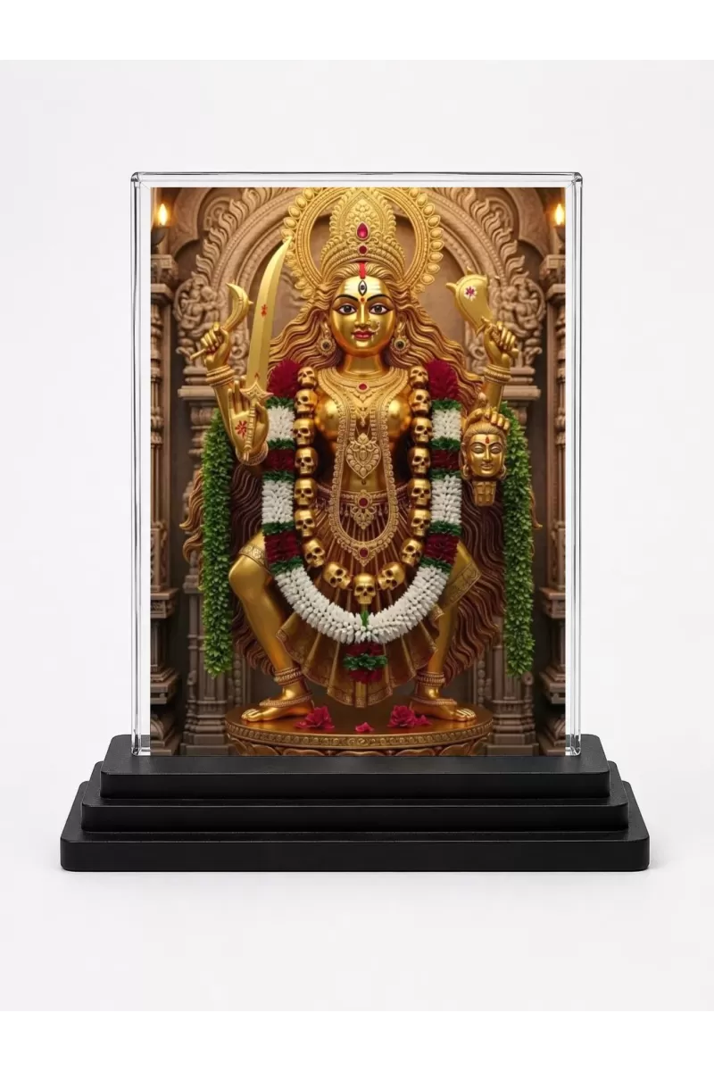 Goddess Durga Acrylic Car Dashboard Showpiece | Double-Sided Goddess Durga Photo Stand | 3 X 4 Inch Photo | Transparent Acrylic Frame With Black Base | Car Dashboard, Office & Table Decor (F71474)