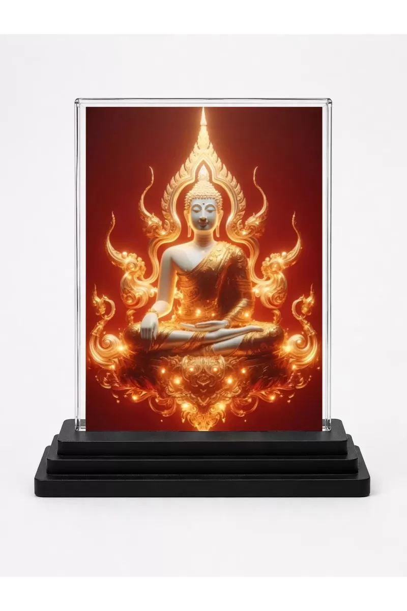 Gautama Buddha Acrylic Car Dashboard Showpiece | Double-Sided Gautama Buddha Photo Stand | 3 X 4 Inch Photo | Transparent Acrylic Frame With Black Base | Car Dashboard, Office & Table Decor (F71475)
