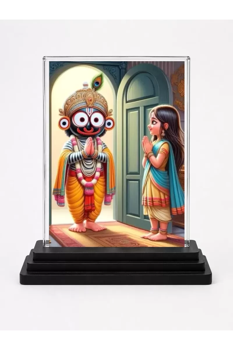 Lord Jagannath Acrylic Car Dashboard Showpiece | Double-Sided Lord Jagannath Photo Stand | 3 X 4 Inch Photo | Transparent Acrylic Frame With Black Base | Car Dashboard, Office & Table Decor (F71477)