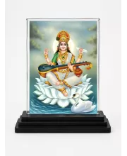 Goddess Saraswati Acrylic Car Dashboard Showpiece | Double-Sided Goddess Saraswati Photo Stand | 3 X 4 Inch Photo | Transparent Acrylic Frame With Black Base | Car Dashboard, Office & Table Decor (F71478)