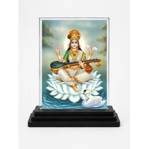 Goddess Saraswati Acrylic Car Dashboard Showpiece | Double-Sided Goddess Saraswati Photo Stand | 3 X 4 Inch Photo | Transparent Acrylic Frame With Black Base | Car Dashboard, Office & Table Decor (F71478)
