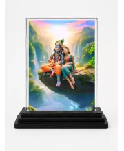 Shree Krishna Acrylic Car Dashboard Showpiece | Double-Sided Shree Krishna Photo Stand | 3 X 4 Inch Photo | Transparent Acrylic Frame With Black Base | Car Dashboard, Office & Table Decor (F71479)