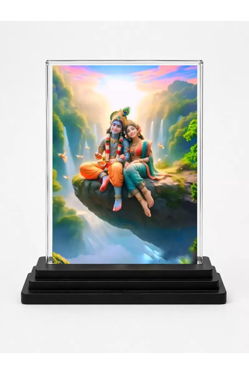 Shree Krishna Acrylic Car Dashboard Showpiece | Double-Sided Shree Krishna Photo Stand | 3 X 4 Inch Photo | Transparent Acrylic Frame With Black Base | Car Dashboard, Office & Table Decor (F71479)