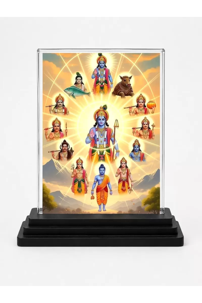 Lord Vishnu Acrylic Car Dashboard Showpiece | Double-Sided Lord Vishnu Photo Stand | 3 X 4 Inch Photo | Transparent Acrylic Frame With Black Base | Car Dashboard, Office & Table Decor (F71480)