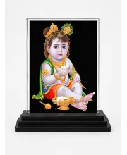Lord Shree Krishna Acrylic Car Dashboard Showpiece | Double-Sided Lord Shree Krishna Photo Stand | 3 X 4 Inch Photo | Transparent Acrylic Frame With Black Base | Car Dashboard, Office & Table Decor (F71481)