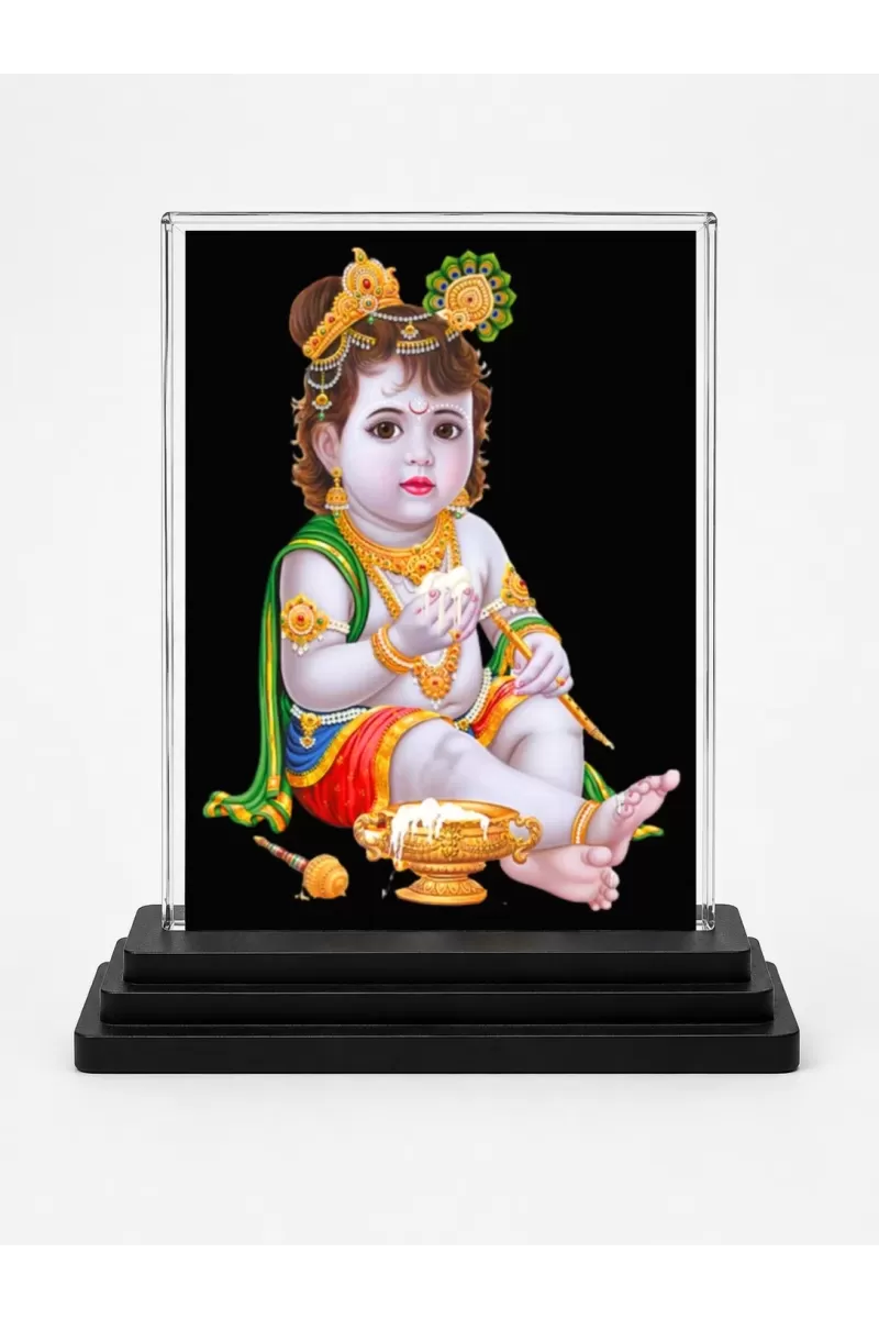 Lord Shree Krishna Acrylic Car Dashboard Showpiece | Double-Sided Lord Shree Krishna Photo Stand | 3 X 4 Inch Photo | Transparent Acrylic Frame With Black Base | Car Dashboard, Office & Table Decor (F71481)