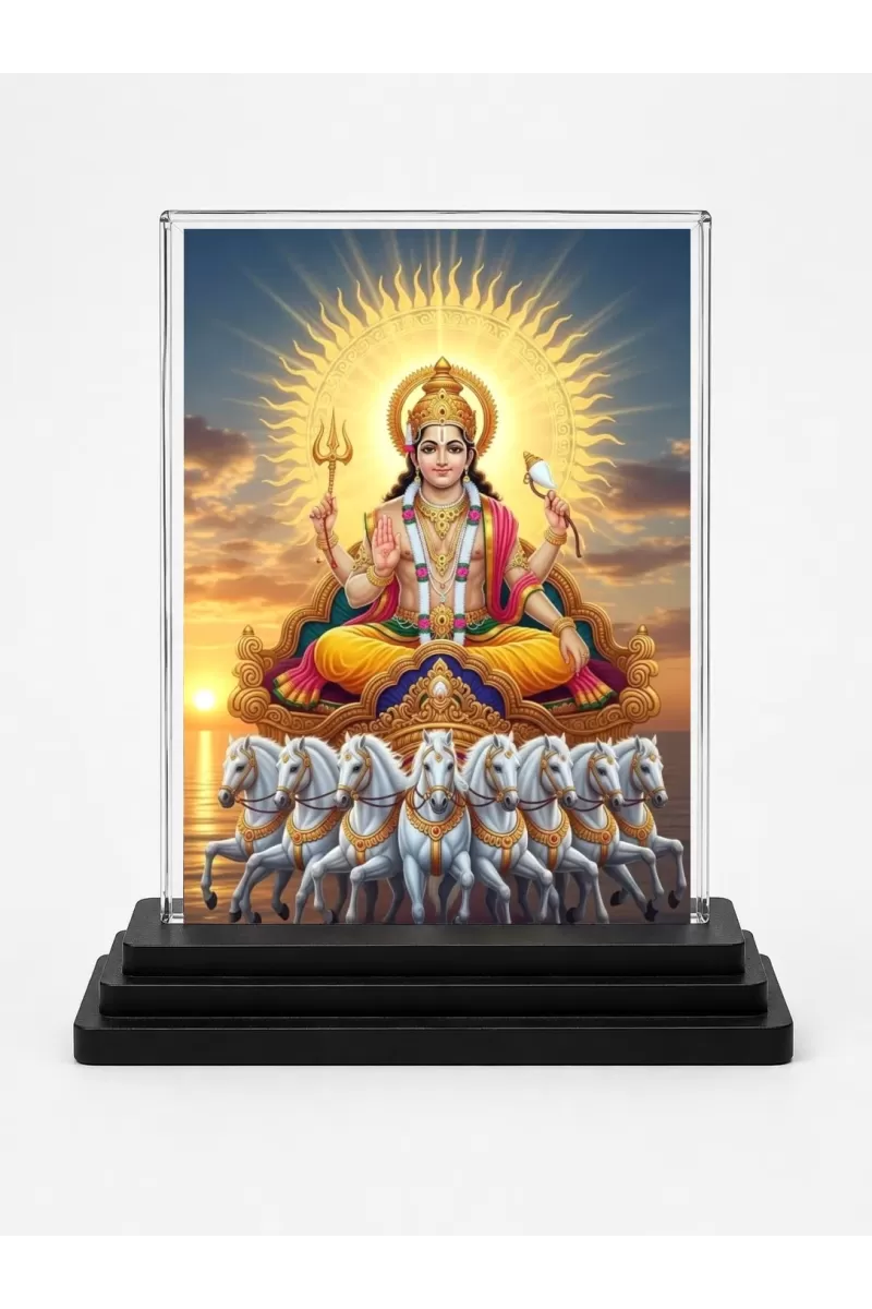 Lord Surya Acrylic Car Dashboard Showpiece | Double-Sided Lord Surya Photo Stand | 3 X 4 Inch Photo | Transparent Acrylic Frame With Black Base | Car Dashboard, Office & Table Decor (F71482)