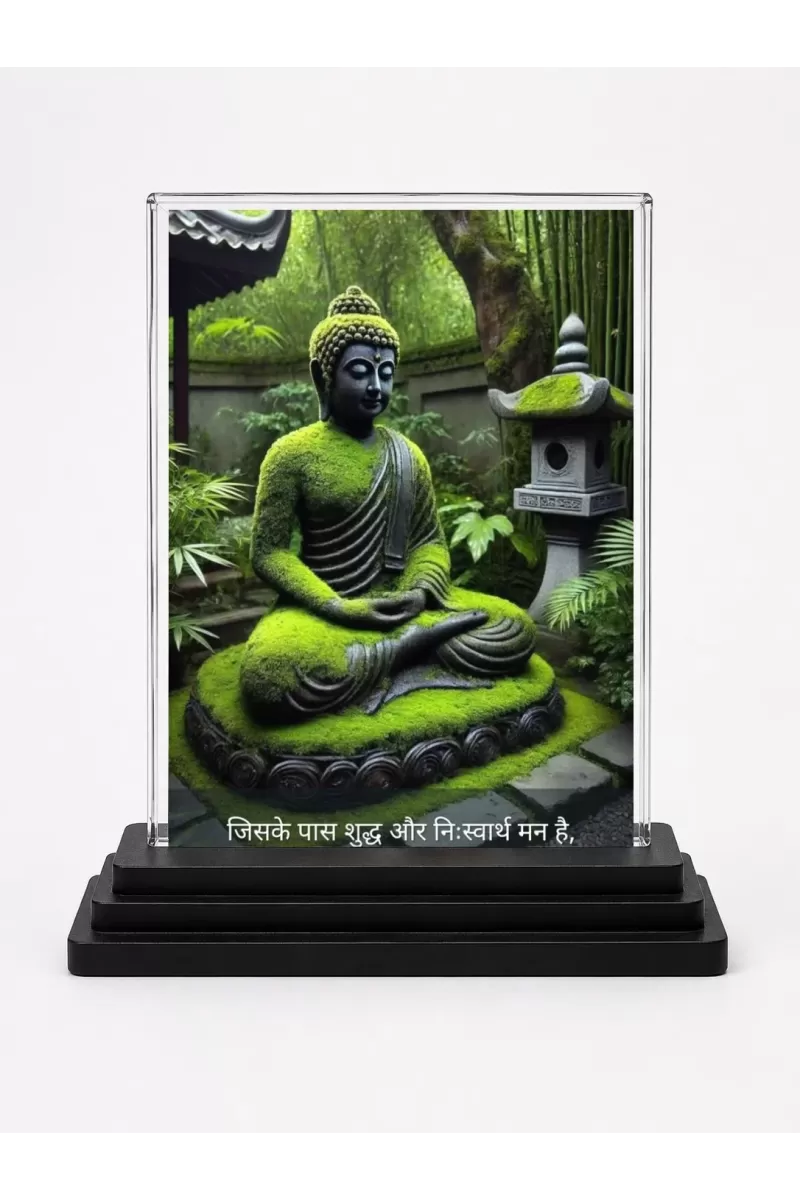 Buddha Acrylic Car Dashboard Showpiece | Double-Sided Buddha Photo Stand | 3 X 4 Inch Photo | Transparent Acrylic Frame With Black Base | Car Dashboard, Office & Table Decor (F71483)