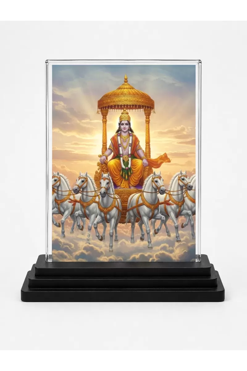 Lord Surya Acrylic Car Dashboard Showpiece | Double-Sided Lord Surya Photo Stand | 3 X 4 Inch Photo | Transparent Acrylic Frame With Black Base | Car Dashboard, Office & Table Decor (F71484)