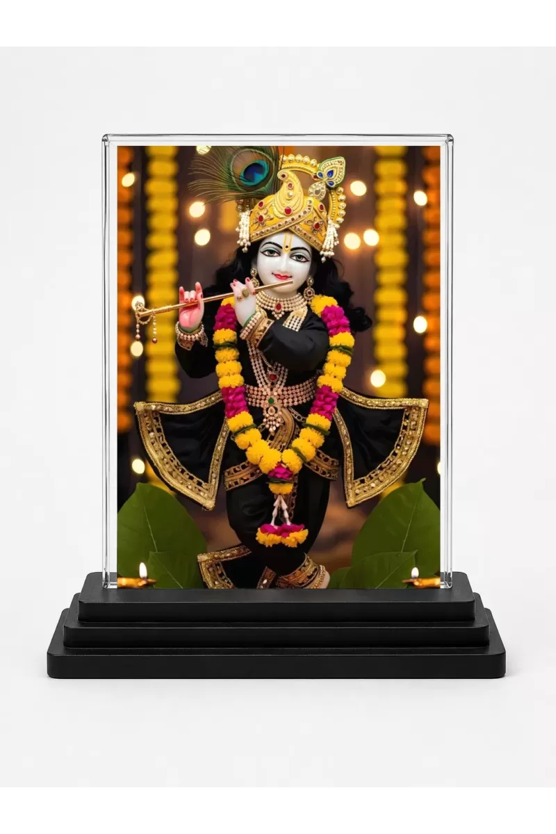 Lord Shree Krishna Acrylic Car Dashboard Showpiece | Double-Sided Lord Shree Krishna Photo Stand | 3 X 4 Inch Photo | Transparent Acrylic Frame With Black Base | Car Dashboard, Office & Table Decor (F71485)