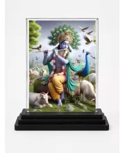 Shree Krishna Acrylic Car Dashboard Showpiece | Double-Sided Shree Krishna Photo Stand | 3 X 4 Inch Photo | Transparent Acrylic Frame With Black Base | Car Dashboard, Office & Table Decor (F71486)
