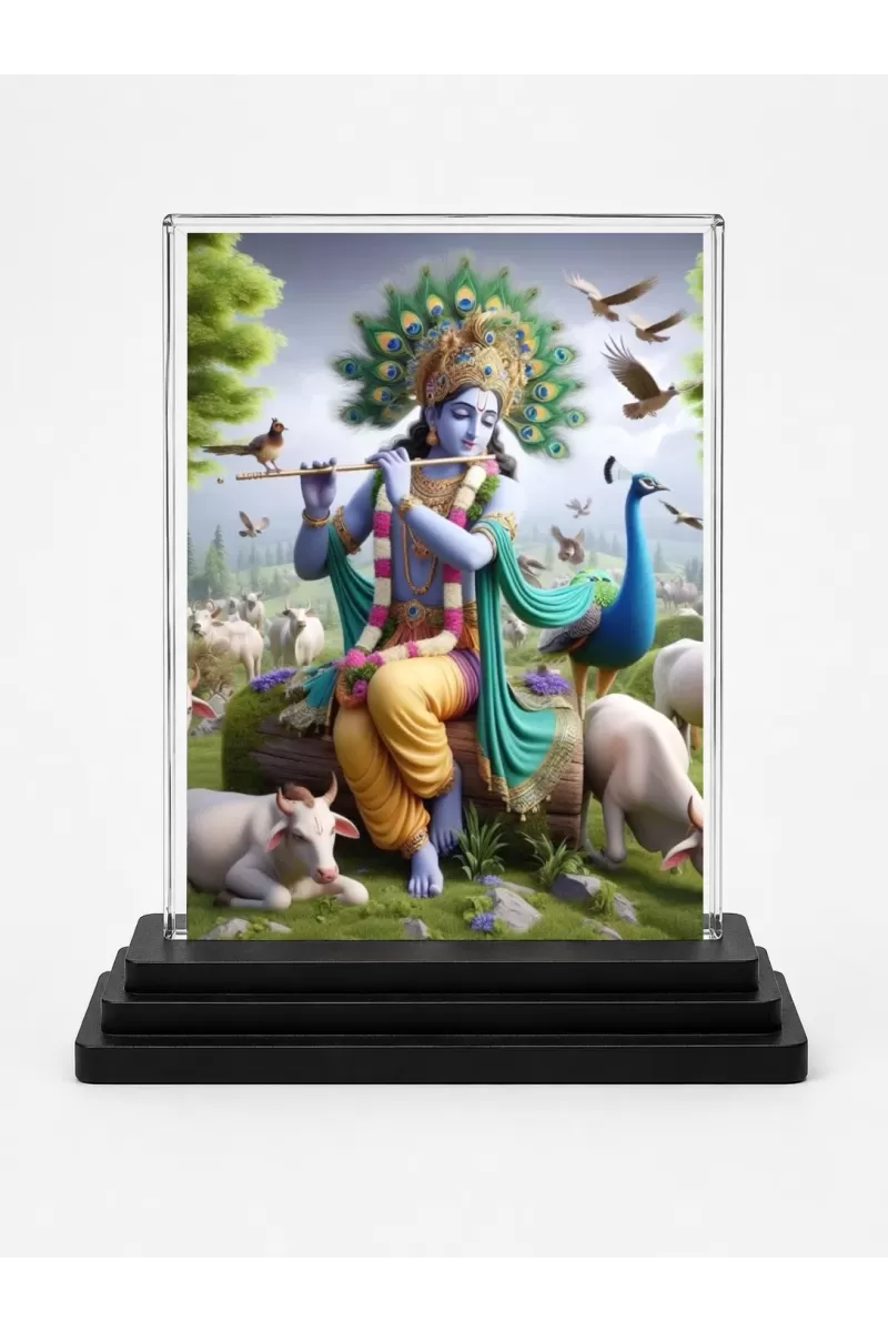 Shree Krishna Acrylic Car Dashboard Showpiece | Double-Sided Shree Krishna Photo Stand | 3 X 4 Inch Photo | Transparent Acrylic Frame With Black Base | Car Dashboard, Office & Table Decor (F71486)