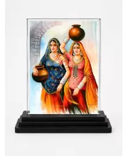 Village Women Painting Acrylic Car Dashboard Showpiece | Double-Sided Village Women Painting Photo Stand | 3 X 4 Inch Photo | Transparent Acrylic Frame With Black Base | Car Dashboard, Office & Table Decor (F71487)