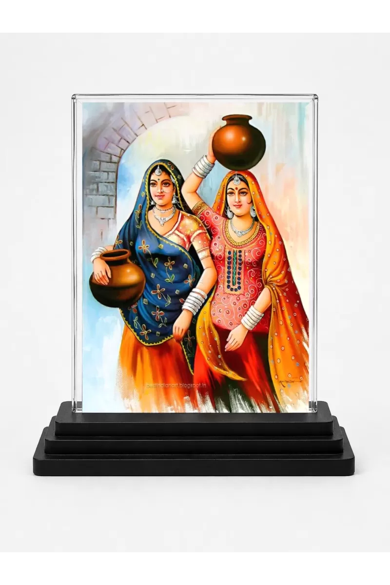 Village Women Painting Acrylic Car Dashboard Showpiece | Double-Sided Village Women Painting Photo Stand | 3 X 4 Inch Photo | Transparent Acrylic Frame With Black Base | Car Dashboard, Office & Table Decor (F71487)