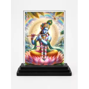 Shree Krishna Acrylic Car Dashboard Showpiece | Double-Sided Shree Krishna Photo Stand | 3 X 4 Inch Photo | Transparent Acrylic Frame With Black Base | Car Dashboard, Office & Table Decor (F71488)