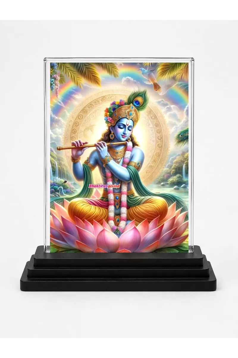 Shree Krishna Acrylic Car Dashboard Showpiece | Double-Sided Shree Krishna Photo Stand | 3 X 4 Inch Photo | Transparent Acrylic Frame With Black Base | Car Dashboard, Office & Table Decor (F71488)