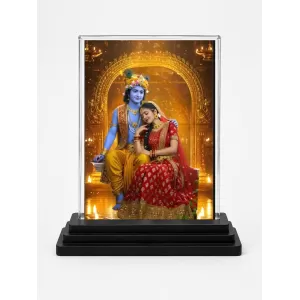 Shree Krishna And Shree Radha Acrylic Car Dashboard Showpiece | Double-Sided Shree Krishna And Shree Radha Photo Stand | 3 X 4 Inch Photo | Transparent Acrylic Frame With Black Base | Car Dashboard, Office & Table Decor (F71491)