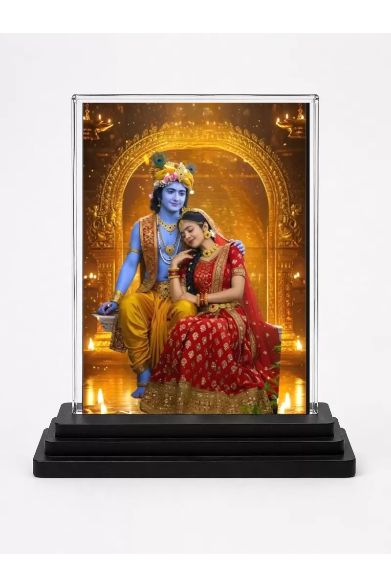 Shree Krishna And Shree Radha Acrylic Car Dashboard Showpiece | Double-Sided Shree Krishna And Shree Radha Photo Stand | 3 X 4 Inch Photo | Transparent Acrylic Frame With Black Base | Car Dashboard, Office & Table Decor (F71491)